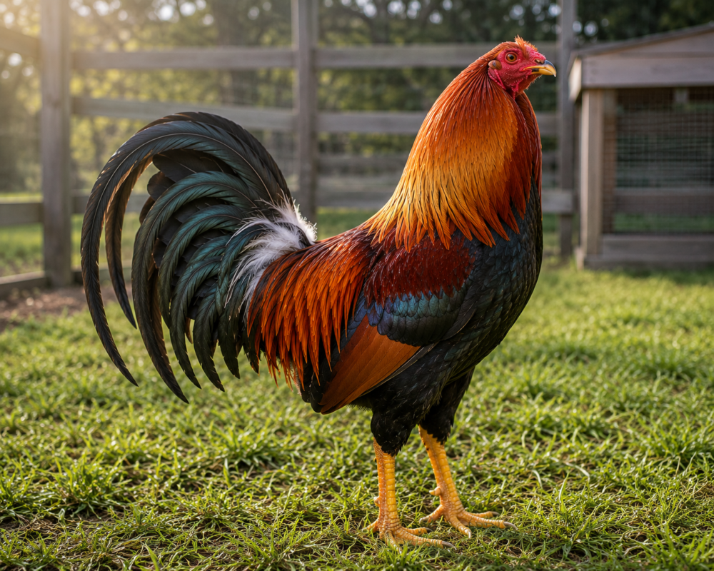 Purebred Kelso gamefowl brood cock showcasing classic light red feathers and a powerful stance in an open pasture run.